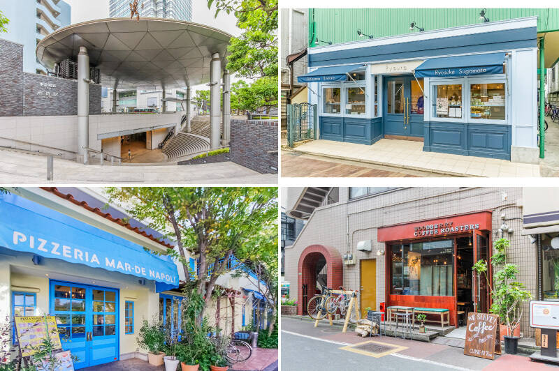 <b>左上・</b>最寄りは東急田園都市線「用賀」。(徒歩9分)/<b>右上・</b>駅の北側には、売主さまもおすすめする人気パティスリー「Ryoura(リョウラ)」が。フランス各地で修行を積んだシェフによる本格派の洋菓子店です。(徒歩13分)/<b>左下・</b>「MAR-DE-NAPOLI(マルデナポリ)世田谷本店」は、カジュアルなイタリアンのお店。家族でゆっくりと食事を楽しめる、アットホームな雰囲気です。(徒歩6分)/<b>右下・</b>駅前にあるスペシャルティコーヒー専門店「WOODBERRY COFFEE ROASTERS(ウッドベリーコーヒーロースターズ)」。フレッシュな自家焙煎コーヒーのほかにもデザートメニューをいただけます。(徒歩9分)