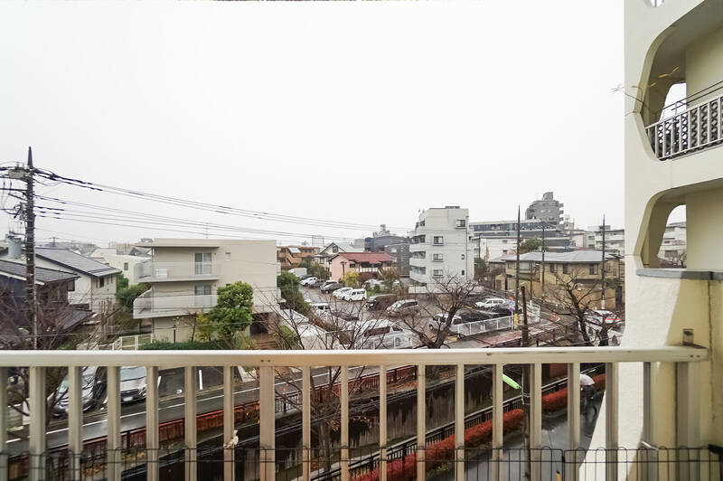 正面は低層の住宅街で、抜けのある眺望。眼下には川沿いの桜並木が見えます。