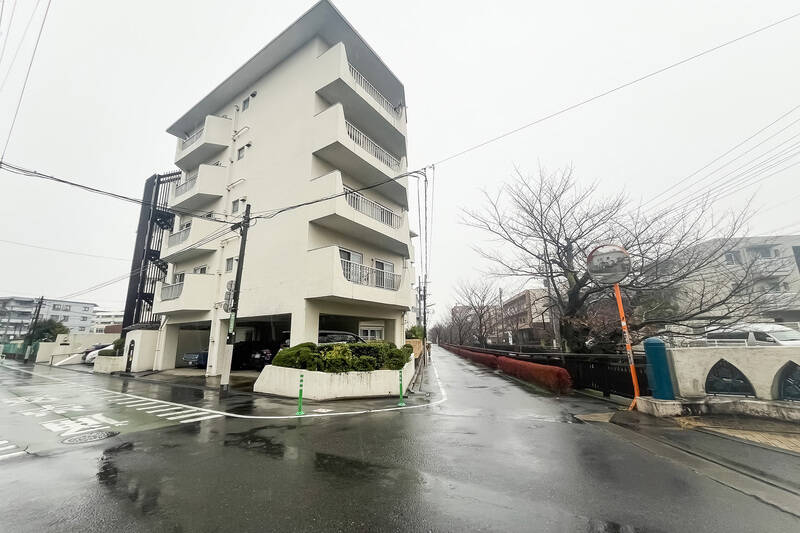 1974年に竣工した、総戸数23戸のマンション。幅の広い道路の角地に建っており、すぐそばにはバルコニーから見えた桜並木が寄り添っています。