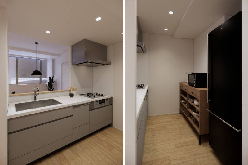 キッチンは3口コンロタイプで食洗機付き。背面には、冷蔵庫と並べて調理家電用の棚を置ける余白があります。