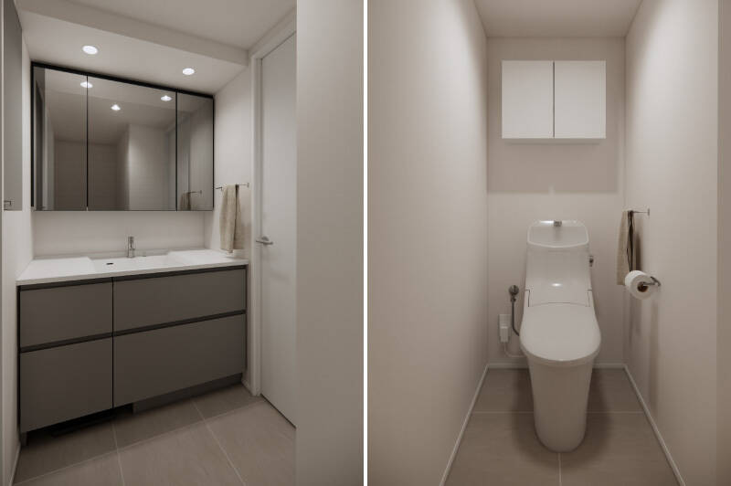 <b>左・</b>洗面台はグレーを基調としたシックなデザイン。／<b>中央・</b>トイレには廊下からアクセスします。