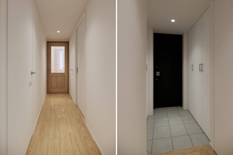 <b>左・</b>玄関扉を背にしてLDK側を見たカット。／<b>右・</b>シューズボックスは土間の左右両側に設け、<b>靴だけでなくペット用品や掃除道具などをたっぷり収納できるボリュームを確保</b>します。