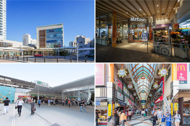 <p><b>上・</b>最寄り駅は、JR中央線と都営大江戸線が利用できる「東中野」（徒歩12分）。駅には商業施設「アトレヴィ東中野」が直結しており、お買い物するのに便利な環境です。／<b>下・</b>JR中央線・総武線、東京メトロ東西線が通る「中野」駅までは徒歩13分。再開発で活気が増す北口には「中野サンモール」があり、数多くの飲食店や生活用品店などが軒を連ねます。</p>