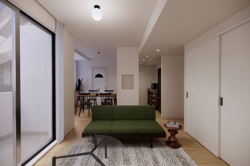 LDK全景。緩やかに空間が分かれているような印象で、奥にはダイニングスペースとキッチンが位置します。