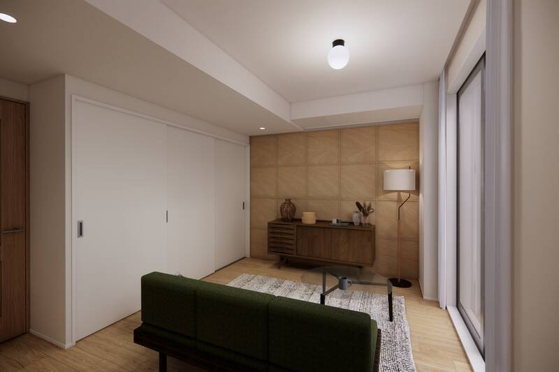 LDKの広さは約15.1帖。リビングスペースの壁には木のパネルをあしらい、家族が自然と集まるような明るく温かみのある内装デザインに仕上げます。