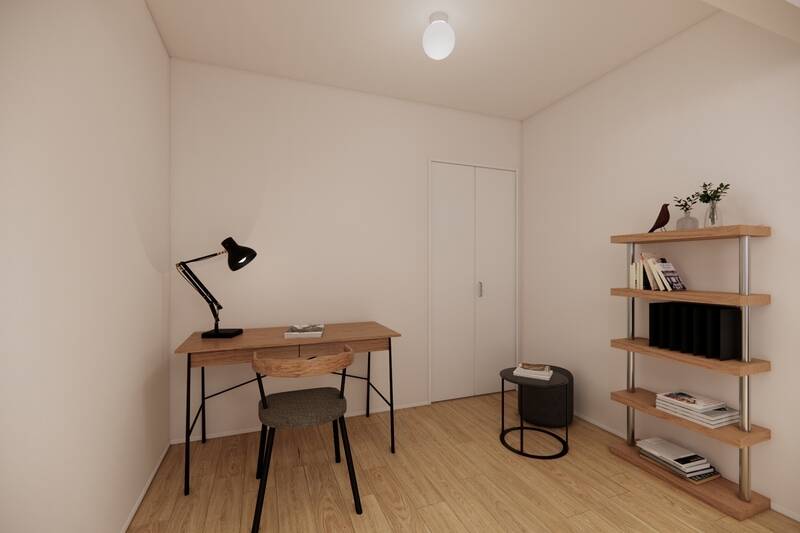 LDKと隣接する洋室Ａは、引き戸を開放することでリビングの拡張スペースとしても活用可能。CGイメージでは、ワークスペースのように使う提案をしています。