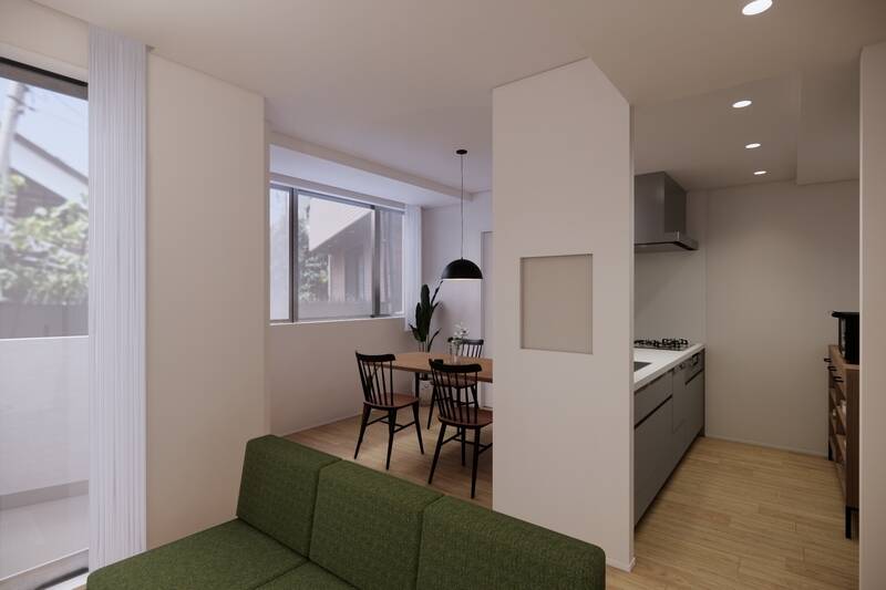 ダイニングキッチンは窓に近く、おこもり感と開放感を兼ね揃えたような空間です。