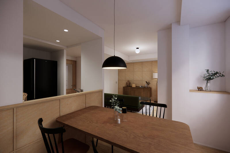 ダイニングスペースは4人掛けのテーブルが置ける広さ。リビングスペースとお揃いの木のパネルや窓際のニッチなど、シンプルさの中にもリズムのあるデザインに。