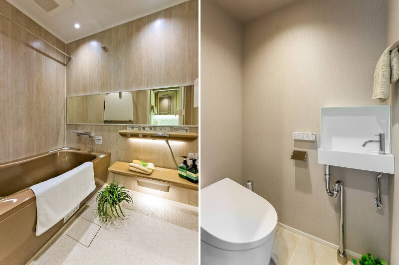 <b>左・</b>1418サイズのユニットバス。浴槽は珍しいカラーです。／<b>右・</b>手洗い付きのトイレ。