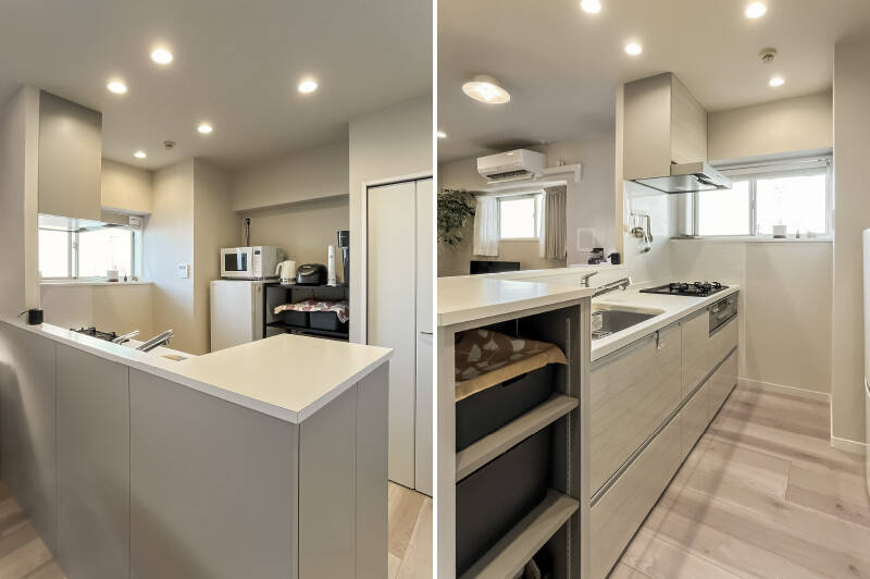 <b>左・</b>カウンター部分が広めで、配膳前のお皿の一時置き場としてなど便利そう!/<b>右・</b>キッチンにも窓があり、お料理中に換気ができるのがGOOD。キッチン本体は3口コンロ付きです。