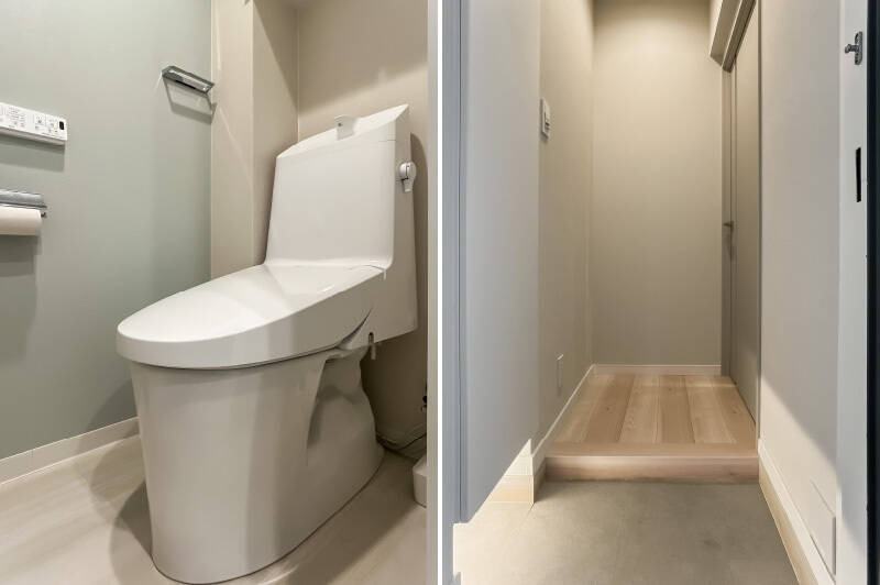 <p><b>左・</b>トイレの壁はライトブルーのアクセント! /<b>右・</b>廊下はコンパクトで無駄なスペースがありません。開戸タイプの下足入れが付いていますよ。</p>