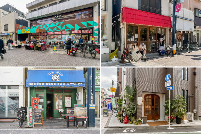 <b>左上・</b>最寄りのスーパーは「オオゼキ戸越銀座店」。22時まで開いているのが頼もしい!(徒歩2分)/<b>右上・</b>Nのご両親もお気に入りという「シロクマカフェ」。ソフトクリームが人気です。(徒歩3分)/<b>左下・</b>お好み焼き店「お好み焼き 遊(ゆう)」は、大阪派も広島派も満足の幅広いラインナップが◎ (徒歩2分)/<b>右下・</b>イタリアンなら「Via Rio(ビィアリオ)」。2025年5月にオープンしたばかりだそう。(徒歩3分)