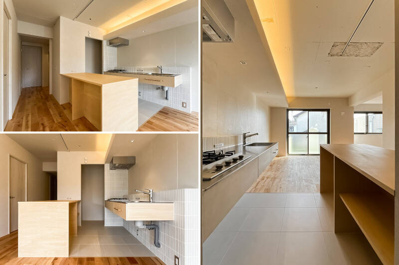 <b>左上・</b>キッチン背面の幅のあるカウンターは、調理スペースとしてはもちろん、スツールを置いてごはんを食べることもできます。／<b>右下・</b>奥には、冷蔵庫置き場や収納スペースを確保したパントリーが。／<b>右・</b>キッチンは4口ガスコンロを完備。カウンター下には、ゴミ箱や調理家電を置けるスペースがあります。