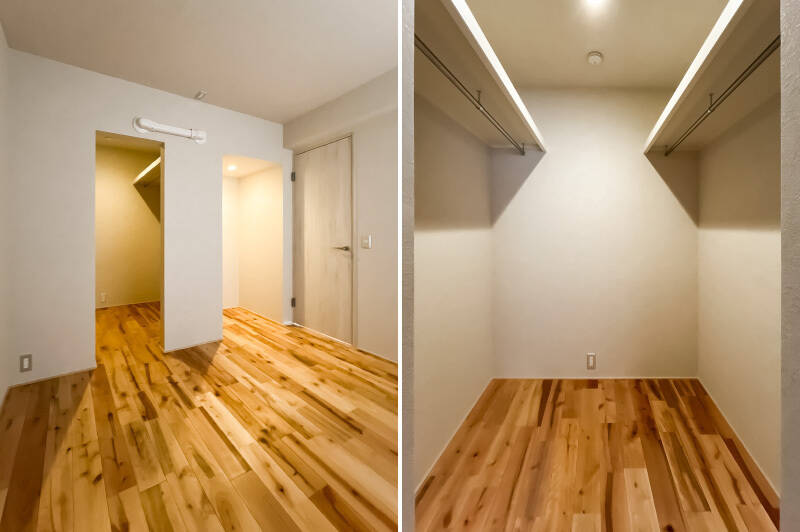 枕棚とハンガーパイプを2面に配したウォークインクローゼットが備わっています。