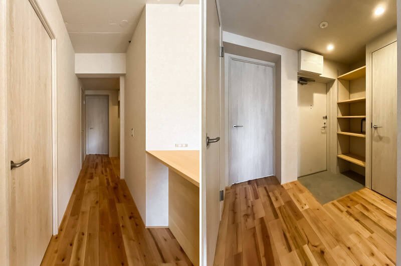 <b>左・</b>LDKから玄関の間には扉がないため、玄関側にある洋室Bや水まわりへスムーズにアクセスできます。／<b>右・</b>玄関はコンパクトな造りで、オープンタイプの靴収納が設置されています。