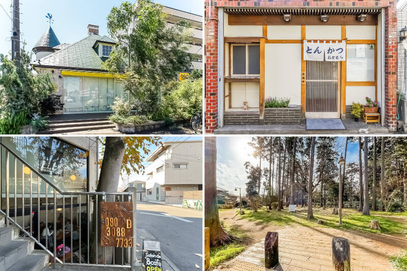 <b>左上・</b>パティスリー「MAISON GIVREE（メゾン ジブレー）」。店内には季節のフルーツを使ったケーキやジェラートが並びます。（徒歩10分）／<b>右上・</b>「とんかつ おかむら」は、老舗のとんかつ店。揚げたてサクサクのとんかつと、キンキンに冷えたビールをぜひ……！（徒歩5分）／<b>左下・</b>「Salon de 8café（サロンドハチカフェ）」は挽きたてのコーヒーや米粉を使用したお菓子がいただけるお店。（徒歩2分）／<b>右下・</b>「宇都宮記念公園」は市街地に現存する貴重な樹林地を保全した公園で、広い敷地内には森林浴ができる散歩道や遊具広場が整備されています。（徒歩7分）<br>