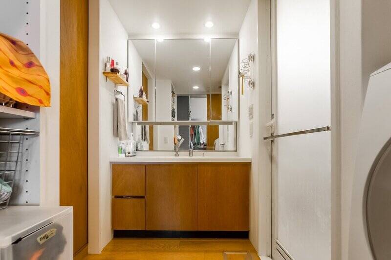 フリースペースからアクセスできる洗面室。ミラーキャビネット付きのシンプルなデザインです。左手の引き戸からキッチンに抜けられます。