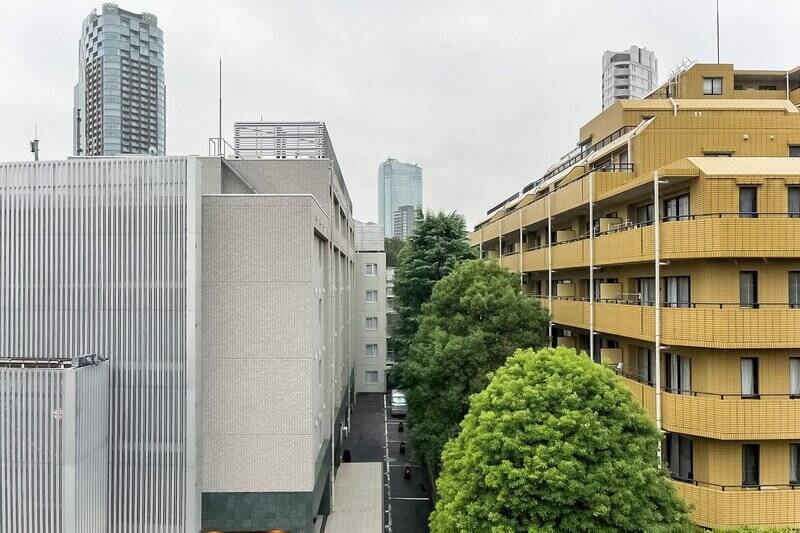 正面からの眺望。向かいには道路を挟んで、建物があります。しっかり距離は取れている印象ですよ。中央には六本木ヒルズがチラリ!