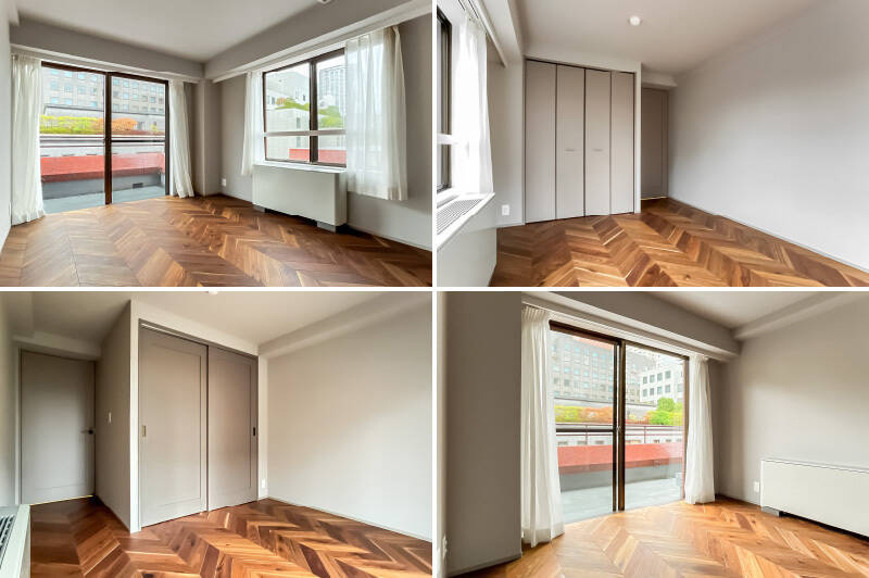 <b>上・</b>約8.5帖の洋室B。北と西向きに窓があります。折れ戸タイプの収納付き。/<b>下・</b>約6.1帖の洋室C。こちらには引き戸タイプの収納が備わっています。