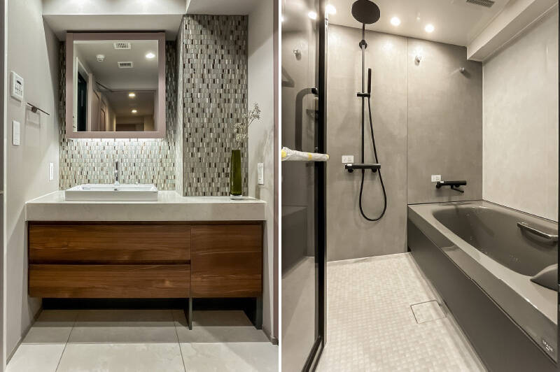 <b>左・</b>造作の洗面台。アクセントのタイルが既視感がなく素敵です。/<b>右・</b>浴室換気乾燥機が備わった1616サイズのユニットバス。