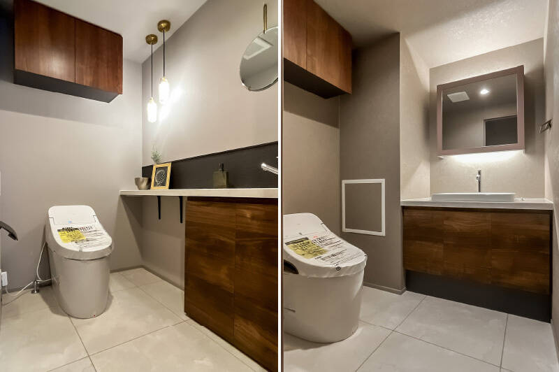 <b>左・</b>トイレは横並びで2つあります。こちらは洗面室に近い側。手洗器付きです。/<b>右・</b>こちらは、広めの洗面台が付いています。ゲスト用にぴったり。