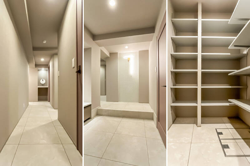 <b>左・</b>タイル貼りの廊下。正面のカウンターには象徴的なインテリアを飾りたいですね。/<b>中央・</b>ゆったりした玄関。左手にはベンチがありますよ。右手の扉を開けると……。/<b>右・</b>大きなシューズインクローゼット(SIC)が。