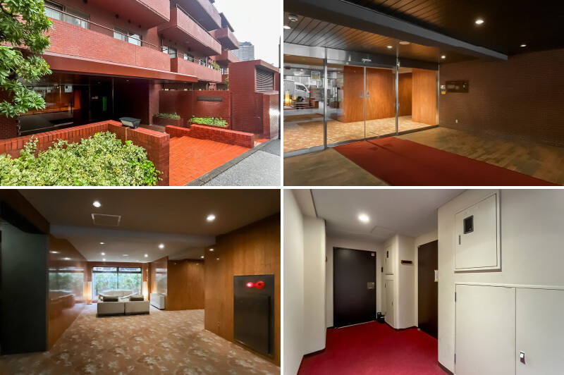 <b>左上・</b>アプローチにも、レンガ風タイルが貼られシックな印象。/<b>右上・</b>エントランスにはオートロック付き。/<b>左下・</b>エントランス奥には、ソファセットが設えられたラウンジスペースがあります。/<b>右下・</b>内廊下タイプの共用廊下。