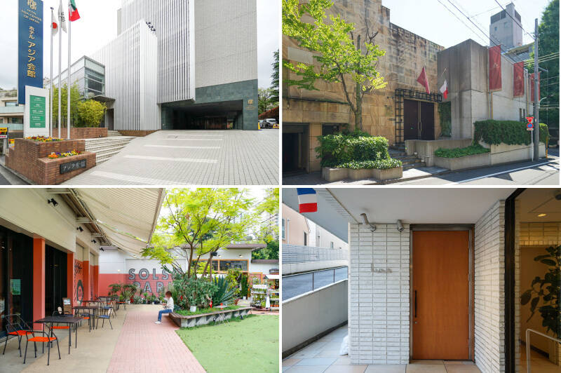 <p><b>左上・</b>マンションの正面にある「ホテル アジア会館」。館内に入っている「Restaurant & Bar四季」では、季節を感じる食事を楽しめますよ。(徒歩1分)/<b>右上・</b>住宅街に佇む一軒家レストラン「青山エリュシオンハウス」。ガラス張りの店内からは中庭の緑を望むことができ、寛ぎながらお食事を楽しめます。ゆったりとした個室も魅力。(徒歩3分)/<b>左下・</b>“パークライフスタイル” がコンセプトの「SHARE GREEN MINAMI AOYAMA(シェアグリーン南青山)」。カフェでは、自家焙煎のコーヒーやハンバーガーを提供しています。(徒歩7分)/<b>右下・</b>フランスの伝統的な料理から独創的な料理まで楽しめるフレンチレストラン「Lyla(ライラ)」。(徒歩4分)</p>
