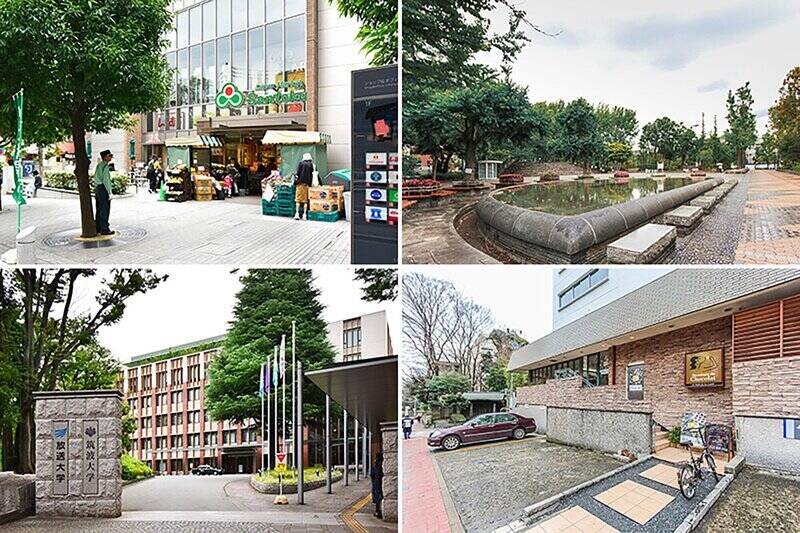 <b>左上・</b>日々のお買い物は、駅改札の目の前にある「三徳 茗荷谷駅前店」(徒歩7分)が便利。23:00まで営業しています。徒歩2分の場所には「コープ 氷川下店」も。/<b>右上・</b>徳川頼元の屋敷跡である「教育の森公園」は、文京区有数の大きな公園。敷地内には屋内プールや弓道場、剣道場などを有する「文京スポーツセンター」もあります!(徒歩5分)/<b>左下・</b>「筑波大学 東京キャンパス」には「大塚図書館」があり、卒業生でなくても利用可能です。さすが “文教エリア”。(徒歩5分)/<b>右下・</b>「筑波大学」のお向かいには「デカダンス ドュ ショコラ 茗荷谷ファクトリー」が。寒い日は濃厚なホットチョコレートで身も心も癒されましょ。(徒歩6分)