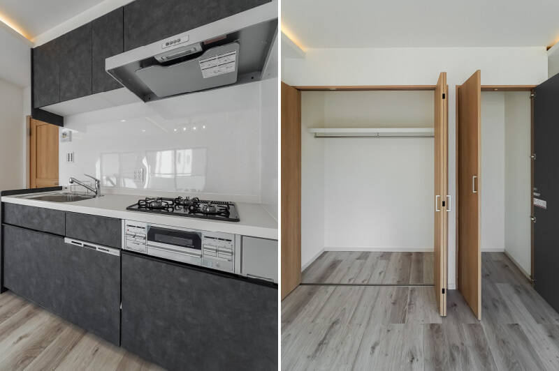 <b>左・</b>キッチンは、空間を有効活用できる壁付けタイプが採用されています。食洗機完備です◎/<b>右・</b>リビング収納をまとめてオープン! 奥行きがたっぷりあるので、掃除グッズやペット用品などの置き場に困ることはなさそう。