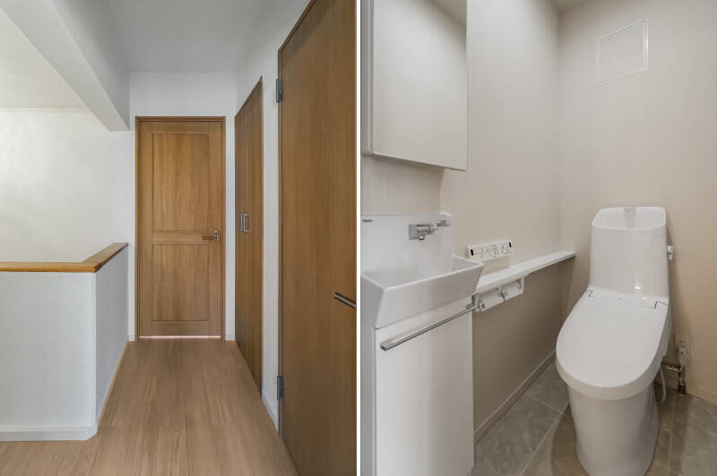 <b>左・</b>同じ上階には、LDKのほかに洋室Aとトイレ(その1)があります。/<b>右・</b>そう、トイレは上下どちらの階にも備わっています! これはメゾネット住宅を検討する上で外せないポイントですよね! 写真は上階のもの。小さな手洗い器付きなのがGOODです。