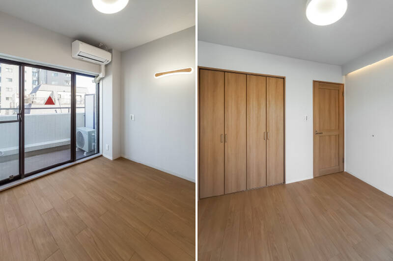 <b>左・</b>洋室Aは廊下を挟んでLDKの反対側に位置しており、北東向きの専用バルコニーが備わっています。/<b>右・</b>収納はクローゼットがひとつ。LDKと雰囲気を揃えて、天井に間接照明が用意されているのがニクイですね。