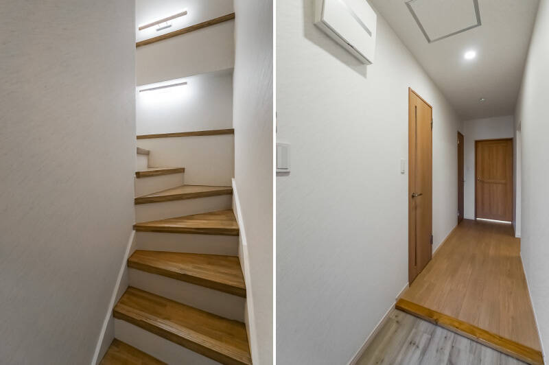 <b>左・</b>メゾネットの「顔」とも言える階段部分をパシャリ。壁に小さなディスプレイカウンターがふたつ造られているので、家族の写真やお気に入りのアートで彩ることができますよ。/<b>右・</b>4階に下りて、玄関〜廊下を見たカット。玄関は横幅がややタイトなため、造り付けのシューズボックスはありません。オープンなシューズラックを置いてスタメンだけをIN、ほかのものは箱に入れて収納スペースへGO! ですね。