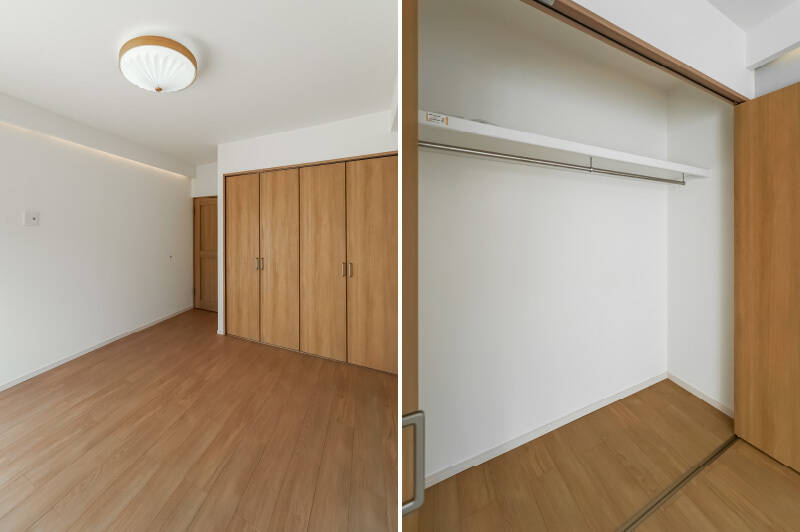 自然光が行き渡る明るい空間です。窓の反対側には洋室Aよりひと回り大きなクローゼットが備わっており、おふたり分の衣類を格納することもできそうですよ。