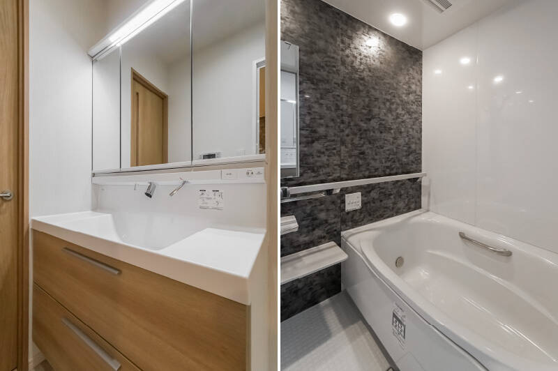 こちらの物件、バスルーム(浴室乾燥機完備)は比較的余裕のある大きさです◎……が、その手前にある洗濯機置き場を兼ねた洗面脱衣室は、ちょっと奥行きがタイトです。その点を頭に入れた上で、実際の暮らしの動線をイメージしてみてください。