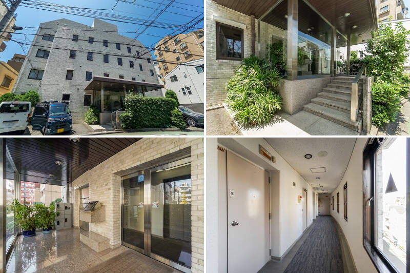 <b>左上・</b>最寄りの東京メトロ丸ノ内線「茗荷谷」駅(徒歩7分)から「占春園」方面へまっすぐ、緑に癒やされながら歩いた先にあるタイル貼りのマンション。/<b>右上・</b>エントランス前には数段の階段があります。/<b>左下・</b>オートロックの手前にはコンパクトなホールがあり、宅配ボックスが備わっています。近年、追加装備されたんですって♡/<b>右下・</b>4階でエレベーターを降りると、内廊下仕様の共用廊下が。カーブを描く壁が優雅な雰囲気です。