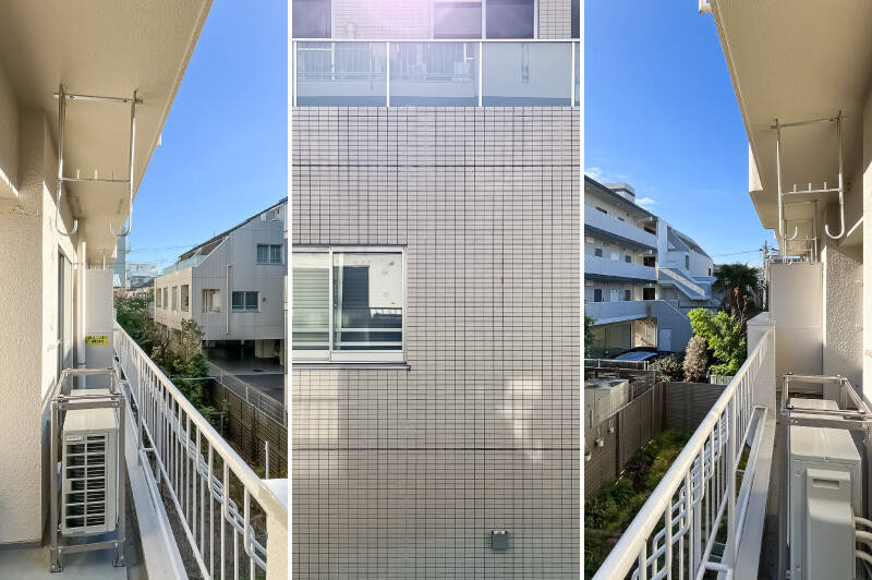 正面に別のマンションが建っていますが窓は小さめ。視線が気になる場合は薄手のカーテンやブラインドを取り付けるとよいでしょう。