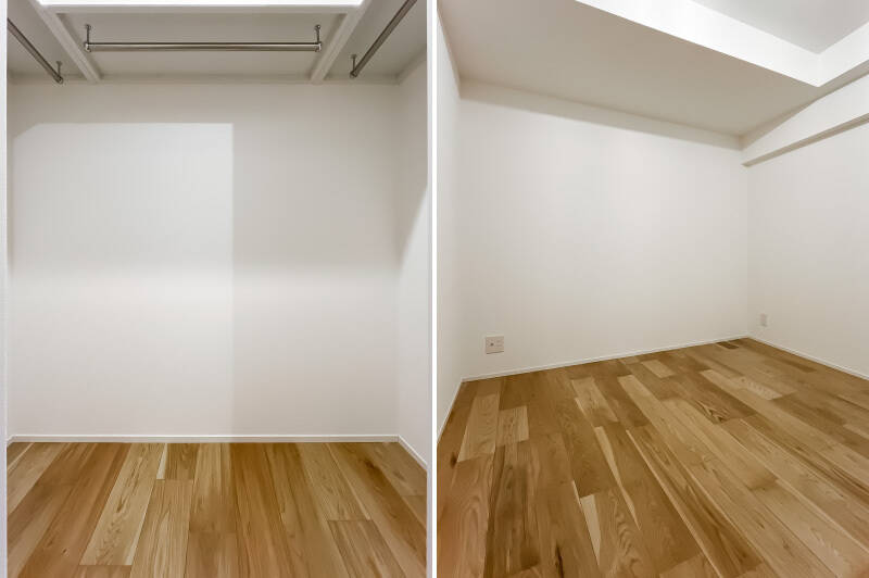 <b>左・</b>さらにコの字に枕棚とハンガーパイプが付いたウォークインクローゼット（WIC）が備わっています。／<b>右・</b>柱がない空間なので、家具がスッキリと置けそうです。