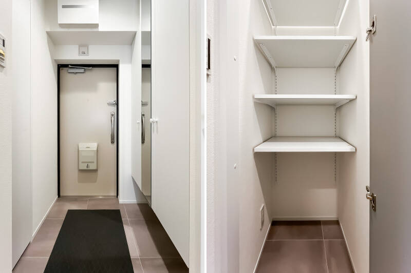 玄関土間には下足入れのほかに奥行きの深い収納まで備わっています。