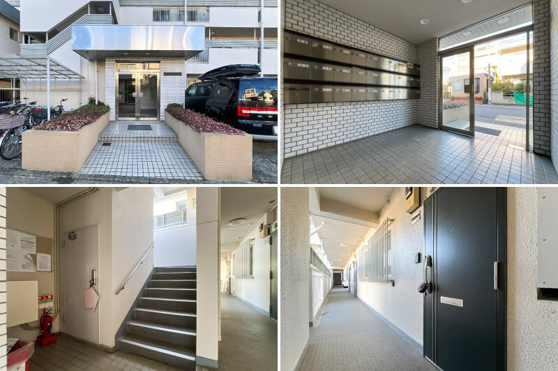 <p><b>左上・</b>プランターに挟まれた控えめなエントランス。／<b>右上・</b>共用ロビーには集合ポストのみというシンプルさ。／<b>左下・</b>エレベーターがないので、階段で住戸のある2階まで上がります。／<b>右下・</b>住戸の玄関扉前。明るい外廊下です。</p>