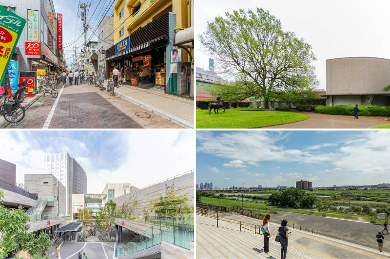 <b>左上・</b>駅から5分の道のりは、こちらの「用賀商店街」を歩きます。食料品から日用品までひと通り揃いますよ！（徒歩1分）／<b>右上・</b>砧公園に併設している「世田谷美術館」は感性を磨くのにぴったりなスポット。興味深い展示が多いんです。（徒歩17分、自転車で約6分）／<b>左下・</b>買い物モード、遊びモードの時は「二子玉川ライズ」まで繰り出すのがオススメ。（徒歩28分、自転車で約8分）／<b>右下・</b>「二子玉川公園」からは雄大な多摩川を一望できますよ。（徒歩34分、自転車で約10分）