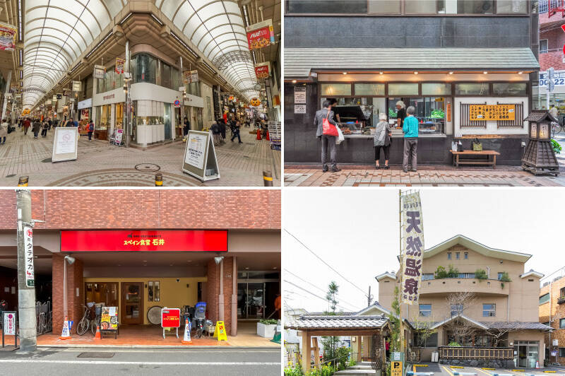 <b>左上・</b>「武蔵小山商店街 PALM」。約250ものお店が軒を連ねる、地元に愛される商店街です。アーケードがあり雨の日の移動がらくちん。(徒歩7分)/<b>右上・</b>昭和元年創業の老舗焼き鳥店「鳥勇(とりゆう)本店」は、「武蔵小山パルム商店街」の入り口にあり、気軽に立ち寄れてGOOD。初代の味を守る秘伝のタレ、紀州備長炭火焼きの香ばしい香りが大人気です!(徒歩9分)/<b>左下・</b>孤独のグルメにも出ている名店「スペイン食堂 石井」。(徒歩8分)/<b>右下・</b>「武蔵小山温泉 清水湯」はふたつの天然温泉が楽しめる銭湯です。入泉料は大人550円とリーズナブル! たまにゆっくり広いお風呂に浸かるのもよいですよね。(徒歩12分)