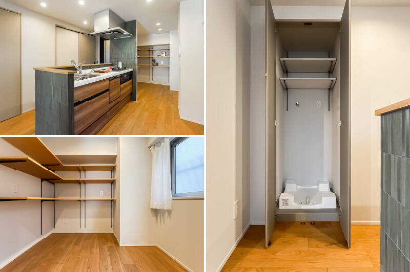 <b>左上・</b>キッチンは3口コンロタイプで、食洗機付き。袖壁には縦長タイルをあしらい、渋くて可愛いデザインに。レンジフードは後日設置予定です。／<b>左下・</b>憧れのパントリースペース！ ラワン板の可動棚が備わっているので、こちらをお気に入りのうつわやキッチン家電の “住所” に。／<b>右・</b>洗濯機置き場は扉付きで、キッチン正面に配置。家事効率にも配慮しています。