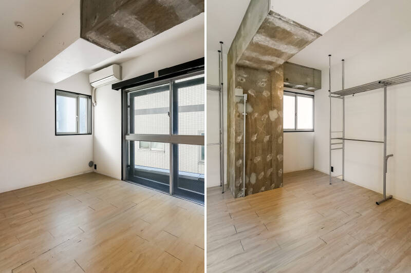 三面採光の洋室は約7.5帖。隣の建物とは密着していませんが、目線が気になるようでしたらカーテンを引いておきましょう。床は一部補修が必要なところもありそうです。