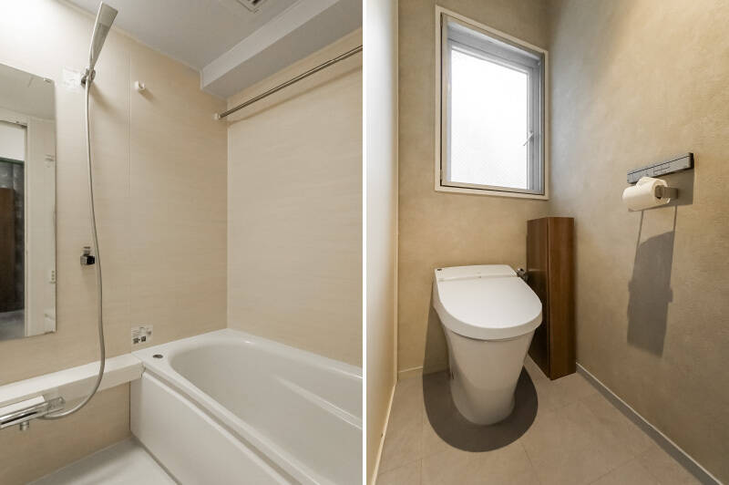 <b><b>左・</b></b>浴室乾燥付きのバスルーム。／<b><b>右・</b></b>トイレはゆったりとしていて、背面に窓があるので換気も◎
