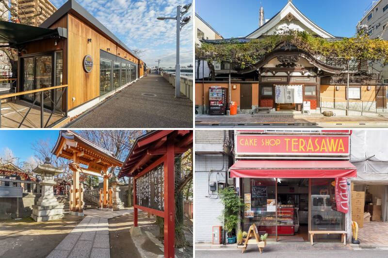 <b>左上・</b>「タリーズコーヒー花川戸隅田公園店」は川沿いの立地。リバービューで爽快な1杯を！（徒歩5分）／<b>右上・</b>2025年8月にリニューアルした老舗銭湯「浅草銭湯 曙湯」。朝6時〜深夜1時まで営業しています。（徒歩10分）／<b>左下・</b>「待乳山聖天（まつちやましょうでん）」は浅草寺の支院。歴史スポットめぐりも楽しめそうです。（徒歩1分）／<b>右下・</b>地元に愛されてきた下町のパン屋さん「テラサワ」。看板商品の生クリームコロネは、昼頃に売り切れることもあるほど人気なのだそう。（徒歩4分）