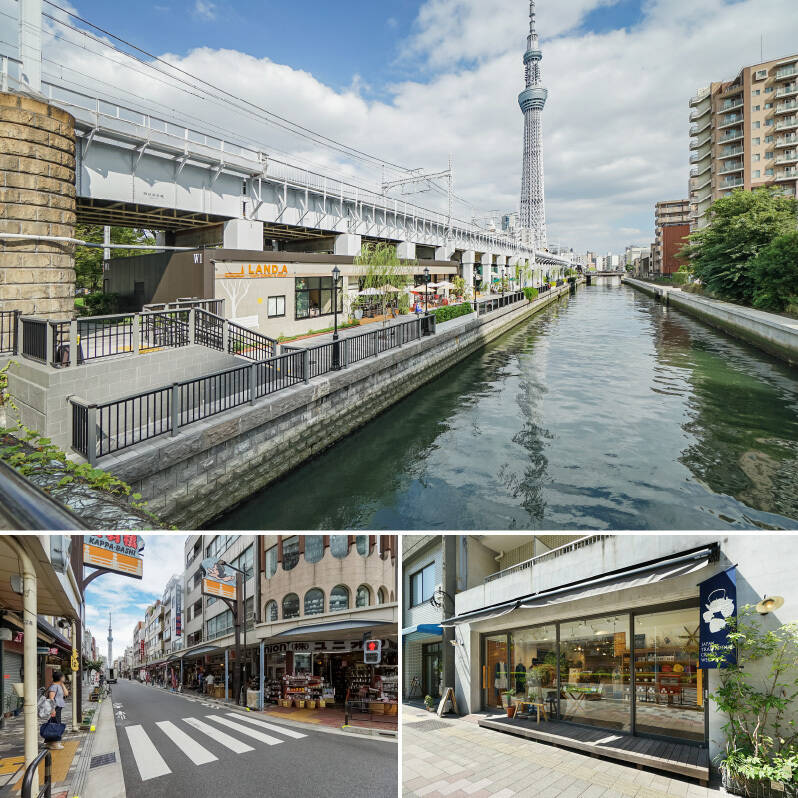 <b>上・</b>「東京ミズマチ」は川向こうにある、東武線の高架下にできた商業施設。人気有名店のスピンオフ店舗やセカンド店舗がある穴場スポット。（徒歩10分）／<b>左下・</b>台所用品が集まる「合羽橋道具街」。お気に入りの一品や思いがけない出会いがあるかも？ 合間に甘味処に立ち寄りつつ、巡っちゃいましょう♪（徒歩17分）／<b>右下・</b>「蔵前」エリア。古い倉庫や町工場の面影を残しながら、感度の高いカフェやショップが点在。写真のお店は「真糸（maito） 蔵前店」（徒歩24分）