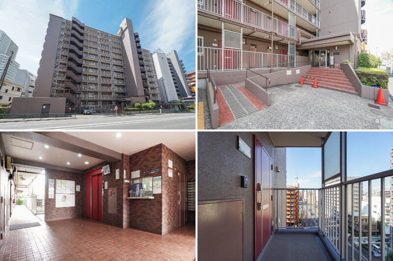 <b>左上・</b>1981年に竣工した、地上11階建て・総戸数85戸の建物。2017年の大規模修繕工事で各住戸の窓サッシも交換済みです◎/<b>右上・</b>エントランスは大通り側に位置しており、スロープ付きです。/<b>左下・</b>共用部分の各所に防犯カメラを設置済み。セキュリティ面に安心感が持てそうですね。/<b>右下・</b>ご紹介する住戸は8階の角に所在しています。
