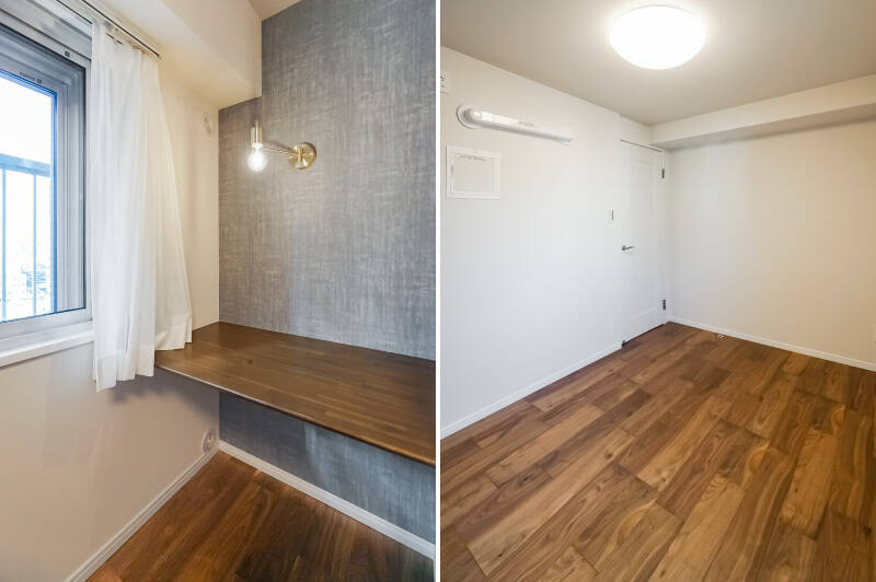 <b>左・</b>窓辺にはおしゃれなデスクスペースが設えてあります。PC作業や読書、メイクアップなどの定位置によさそう。/<b>右・</b>オフホワイトを基調としたシンプルな内装なので、どんなインテリアにもフィットしそうですよ。