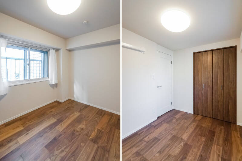 <b>左・</b>ほかの洋室と比べてひとまわりコンパクトな洋室C。こちらも、西向きの窓は二重になっています◎ まっすぐ延びていく大通りを見渡す、爽快感のある眺めですよ。/<b>右・</b>窓の反対側にはクローゼットが。